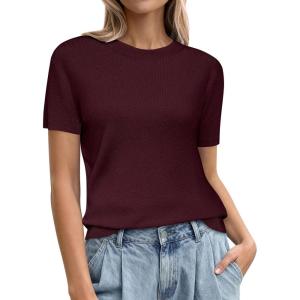image:imagePRETTYGARDEN Womens Short Sleeve Sweaters 2026 Spring Crew Neck Knit Work Shirts Business Casual Tops Summer Fashion ClothesDark Burgundy
