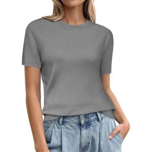 image:imagePRETTYGARDEN Womens Short Sleeve Sweaters 2026 Spring Crew Neck Knit Work Shirts Business Casual Tops Summer Fashion ClothesGrey