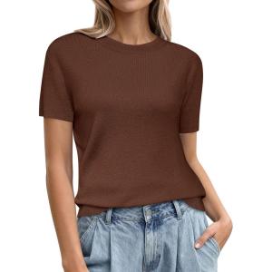image:imagePRETTYGARDEN Womens Short Sleeve Sweaters 2026 Spring Crew Neck Knit Work Shirts Business Casual Tops Summer Fashion ClothesLight Brown