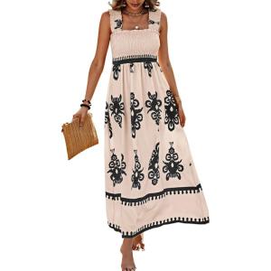 image:imagePRETTYGARDEN Womens Summer Boho Maxi Dress 2026 Casual Sleeveless Square Neck Floral Aline Smocked Beach Dresses with PocketsFloral Apricot Black