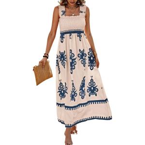 image:imagePRETTYGARDEN Womens Summer Boho Maxi Dress 2026 Casual Sleeveless Square Neck Floral Aline Smocked Beach Dresses with PocketsFloral Apricot Navy