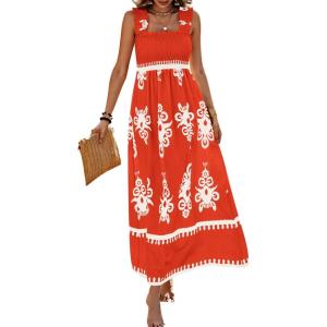 image:imagePRETTYGARDEN Womens Summer Boho Maxi Dress 2026 Casual Sleeveless Square Neck Floral Aline Smocked Beach Dresses with PocketsFloral Brick Red White