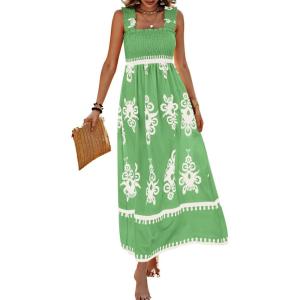 image:imagePRETTYGARDEN Womens Summer Boho Maxi Dress 2026 Casual Sleeveless Square Neck Floral Aline Smocked Beach Dresses with PocketsFloral Green White