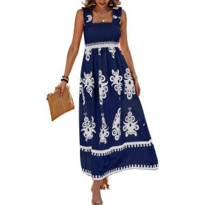 image:imagePRETTYGARDEN Womens Summer Boho Maxi Dress 2026 Casual Sleeveless Square Neck Floral Aline Smocked Beach Dresses with PocketsFloral Navy White