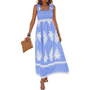 image:imagePRETTYGARDEN Womens Summer Boho Maxi Dress 2026 Casual Sleeveless Square Neck Floral Aline Smocked Beach Dresses with PocketsFloral Sky Blue White