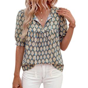 image:imagePRETTYGARDEN Womens Summer Boho Tops 2026 Tie Front V Neck Print Loose Fit Short Sleeve Peasant Blouses Vacation OutfitsBlue
