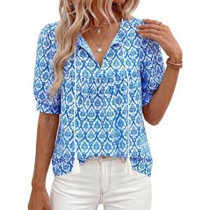 image:imagePRETTYGARDEN Womens Summer Boho Tops 2026 Tie Front V Neck Print Loose Fit Short Sleeve Peasant Blouses Vacation OutfitsFloral Blue
