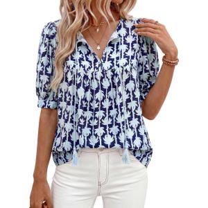 image:imagePRETTYGARDEN Womens Summer Boho Tops 2026 Tie Front V Neck Print Loose Fit Short Sleeve Peasant Blouses Vacation OutfitsFloral Navy