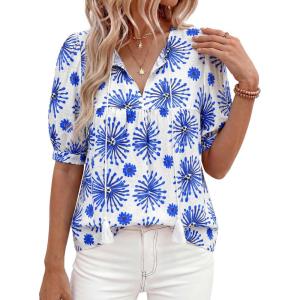 image:imagePRETTYGARDEN Womens Summer Boho Tops 2026 Tie Front V Neck Print Loose Fit Short Sleeve Peasant Blouses Vacation OutfitsFloral White Blue
