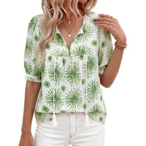 image:imagePRETTYGARDEN Womens Summer Boho Tops 2026 Tie Front V Neck Print Loose Fit Short Sleeve Peasant Blouses Vacation OutfitsFloral White Green