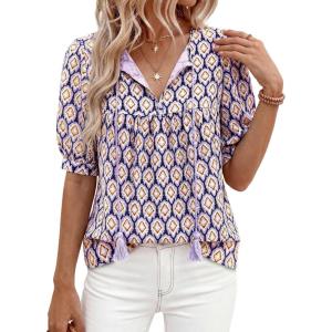 image:imagePRETTYGARDEN Womens Summer Boho Tops 2026 Tie Front V Neck Print Loose Fit Short Sleeve Peasant Blouses Vacation OutfitsPurple
