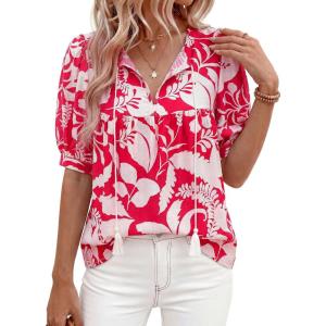 image:imagePRETTYGARDEN Womens Summer Boho Tops 2026 Tie Front V Neck Print Loose Fit Short Sleeve Peasant Blouses Vacation OutfitsRed Flower