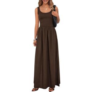image:imagePRETTYGARDEN Womens Summer Casual Scoop Neck Sleeveless Long Dresses Tank Top Patchwork Aline Swing Maxi Dress with PocketsDark Coffee
