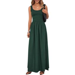 image:imagePRETTYGARDEN Womens Summer Casual Scoop Neck Sleeveless Long Dresses Tank Top Patchwork Aline Swing Maxi Dress with PocketsDark Green