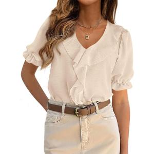 image:imagePRETTYGARDEN Womens Summer Dressy Casual Blouses 2026 Short Sleeve V Neck Ruffle Business Work Tops Trendy Spring OutfitsBeige