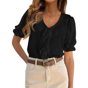 image:imagePRETTYGARDEN Womens Summer Dressy Casual Blouses 2026 Short Sleeve V Neck Ruffle Business Work Tops Trendy Spring OutfitsBlack