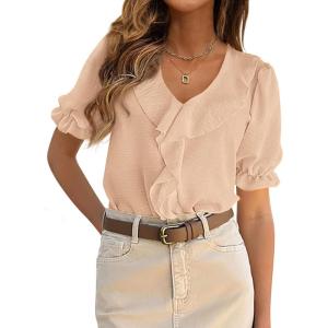 image:imagePRETTYGARDEN Womens Summer Dressy Casual Blouses 2026 Short Sleeve V Neck Ruffle Business Work Tops Trendy Spring OutfitsLight Khaki