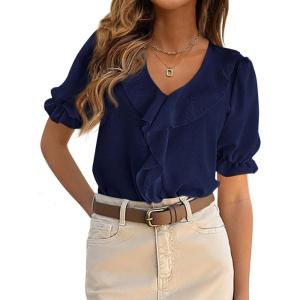 image:imagePRETTYGARDEN Womens Summer Dressy Casual Blouses 2026 Short Sleeve V Neck Ruffle Business Work Tops Trendy Spring OutfitsNavy Blue