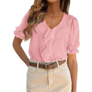 image:imagePRETTYGARDEN Womens Summer Dressy Casual Blouses 2026 Short Sleeve V Neck Ruffle Business Work Tops Trendy Spring OutfitsPink