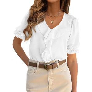 image:imagePRETTYGARDEN Womens Summer Dressy Casual Blouses 2026 Short Sleeve V Neck Ruffle Business Work Tops Trendy Spring OutfitsWhite