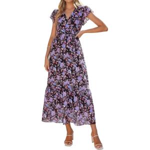 image:imagePRETTYGARDEN Womens Summer Floral Boho Maxi Dress Short Sleeve Wrap V Neck Ruffle Long Flowy Beach Wedding Guest DressesBlack Purple Floral