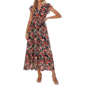image:imagePRETTYGARDEN Womens Summer Floral Boho Maxi Dress Short Sleeve Wrap V Neck Ruffle Long Flowy Beach Wedding Guest DressesBlack Red Floral