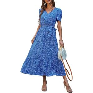 image:imagePRETTYGARDEN Womens Summer Floral Boho Maxi Dress Short Sleeve Wrap V Neck Ruffle Long Flowy Beach Wedding Guest DressesBlue Floral