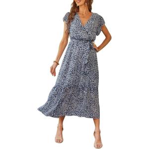 image:imagePRETTYGARDEN Womens Summer Floral Boho Maxi Dress Short Sleeve Wrap V Neck Ruffle Long Flowy Beach Wedding Guest DressesBlue01