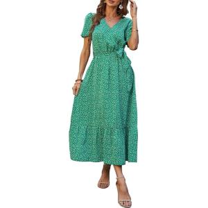 image:imagePRETTYGARDEN Womens Summer Floral Boho Maxi Dress Short Sleeve Wrap V Neck Ruffle Long Flowy Beach Wedding Guest DressesGreen Floral