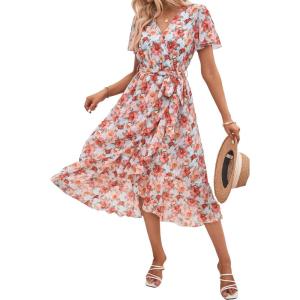 image:imagePRETTYGARDEN Womens Summer Floral Boho Maxi Dress Short Sleeve Wrap V Neck Ruffle Long Flowy Beach Wedding Guest DressesGreen Pink Floral