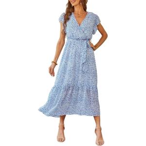 image:imagePRETTYGARDEN Womens Summer Floral Boho Maxi Dress Short Sleeve Wrap V Neck Ruffle Long Flowy Beach Wedding Guest DressesLight Blue