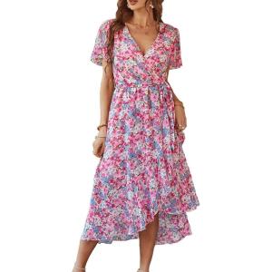 image:imagePRETTYGARDEN Womens Summer Floral Boho Maxi Dress Short Sleeve Wrap V Neck Ruffle Long Flowy Beach Wedding Guest DressesPink Floral