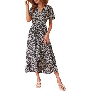 image:imagePRETTYGARDEN Womens Summer Floral Boho Maxi Dress Short Sleeve Wrap V Neck Ruffle Long Flowy Beach Wedding Guest DressesPrint Black