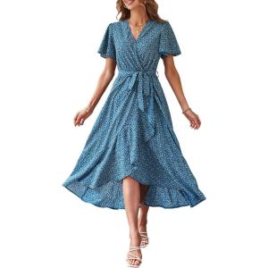 image:imagePRETTYGARDEN Womens Summer Floral Boho Maxi Dress Short Sleeve Wrap V Neck Ruffle Long Flowy Beach Wedding Guest DressesPrint Blue
