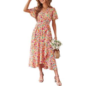 image:imagePRETTYGARDEN Womens Summer Floral Boho Maxi Dress Short Sleeve Wrap V Neck Ruffle Long Flowy Beach Wedding Guest DressesPrint White Pink