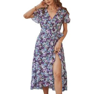 image:imagePRETTYGARDEN Womens Summer Floral Boho Maxi Dress Short Sleeve Wrap V Neck Ruffle Long Flowy Beach Wedding Guest DressesPurple Floral
