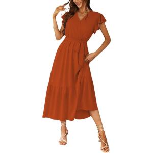 image:imagePRETTYGARDEN Womens Summer Floral Boho Maxi Dress Short Sleeve Wrap V Neck Ruffle Long Flowy Beach Wedding Guest DressesSolid Brick Red
