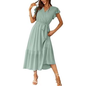 image:imagePRETTYGARDEN Womens Summer Floral Boho Maxi Dress Short Sleeve Wrap V Neck Ruffle Long Flowy Beach Wedding Guest DressesSolid Green