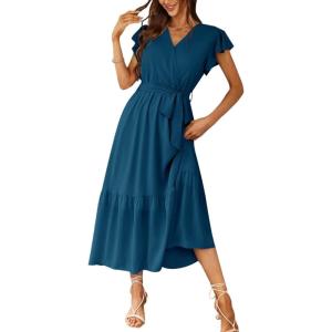 image:imagePRETTYGARDEN Womens Summer Floral Boho Maxi Dress Short Sleeve Wrap V Neck Ruffle Long Flowy Beach Wedding Guest DressesSolid Lake Blue