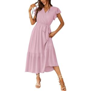 image:imagePRETTYGARDEN Womens Summer Floral Boho Maxi Dress Short Sleeve Wrap V Neck Ruffle Long Flowy Beach Wedding Guest DressesSolid Pink