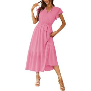 image:imagePRETTYGARDEN Womens Summer Floral Boho Maxi Dress Short Sleeve Wrap V Neck Ruffle Long Flowy Beach Wedding Guest DressesSolid Rose Pink