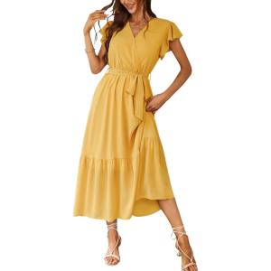 image:imagePRETTYGARDEN Womens Summer Floral Boho Maxi Dress Short Sleeve Wrap V Neck Ruffle Long Flowy Beach Wedding Guest DressesSolid Yellow