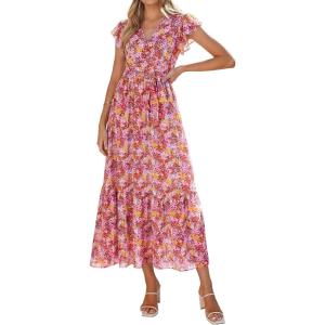 image:imagePRETTYGARDEN Womens Summer Floral Boho Maxi Dress Short Sleeve Wrap V Neck Ruffle Long Flowy Beach Wedding Guest DressesWine Red Floral