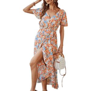 image:imagePRETTYGARDEN Womens Summer Floral Boho Maxi Dress Short Sleeve Wrap V Neck Ruffle Long Flowy Beach Wedding Guest DressesYellow Floral