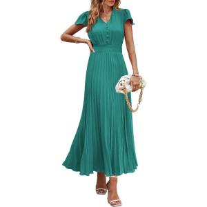 image:imagePRETTYGARDEN Womens Summer Maxi Dresses 2026 Trendy Casual Button V Neck Ruffle Cap Sleeve Long Flowy Spring Pleated DressBlue Green
