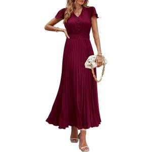 image:imagePRETTYGARDEN Womens Summer Maxi Dresses 2026 Trendy Casual Button V Neck Ruffle Cap Sleeve Long Flowy Spring Pleated DressDark Wine Red
