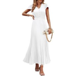 image:imagePRETTYGARDEN Womens Summer Maxi Dresses 2026 Trendy Casual Button V Neck Ruffle Cap Sleeve Long Flowy Spring Pleated DressWhite