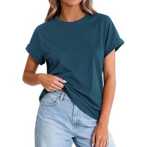 image:imagePRETTYGARDEN Womens Summer Tops 2026 Spring Casual Rolled Short Sleeve Basic Tees Crew Neck Work Shirts Fashion ClothingDark Blue