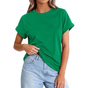 image:imagePRETTYGARDEN Womens Summer Tops 2026 Spring Casual Rolled Short Sleeve Basic Tees Crew Neck Work Shirts Fashion ClothingGreen
