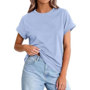 image:imagePRETTYGARDEN Womens Summer Tops 2026 Spring Casual Rolled Short Sleeve Basic Tees Crew Neck Work Shirts Fashion ClothingLight Blue